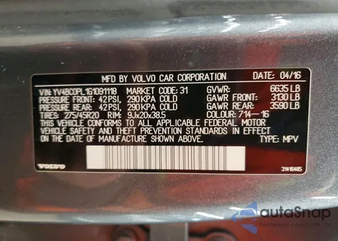 2016 Volvo Xc90 T8 z USA, uszkodzony, nr VIN YV4BC0PL1G1091118